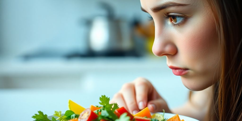 Pessoa pensativa olhando para um prato de comida saudável.
