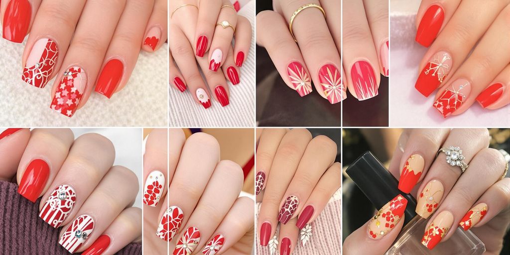 Várias unhas decoradas em vermelho, estilos elegantes e modernos.