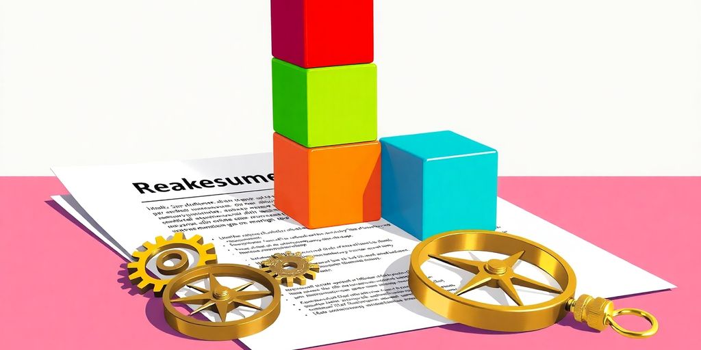 Resume with building blocks, gears, and a compass.