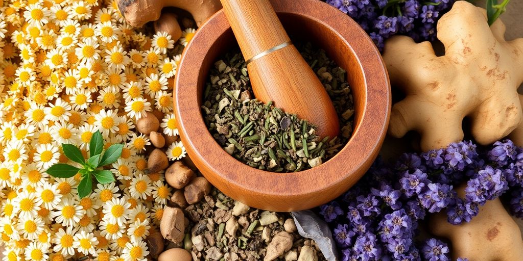 Herbal remedies and a mortar and pestle