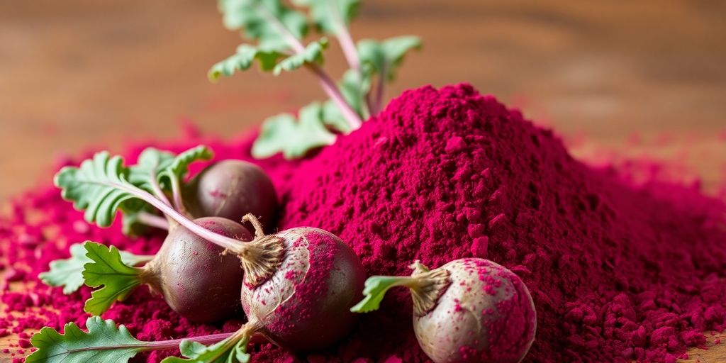 Vibrant beetroot powder pile with fresh beetroots.