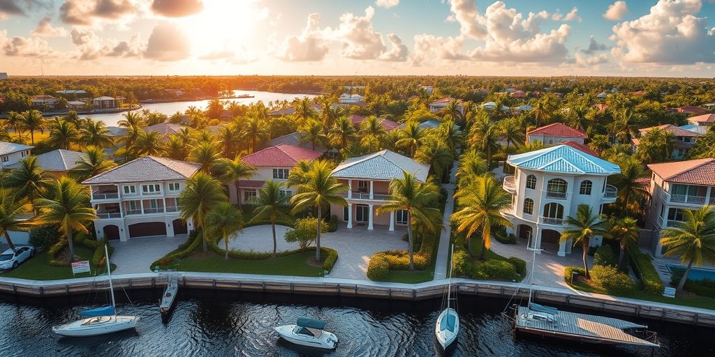 Luxury homes in Broward County with palm trees and waterfront.