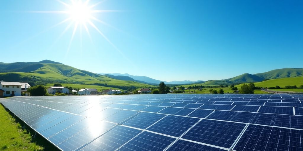 A field of solar panels with homes in the background.