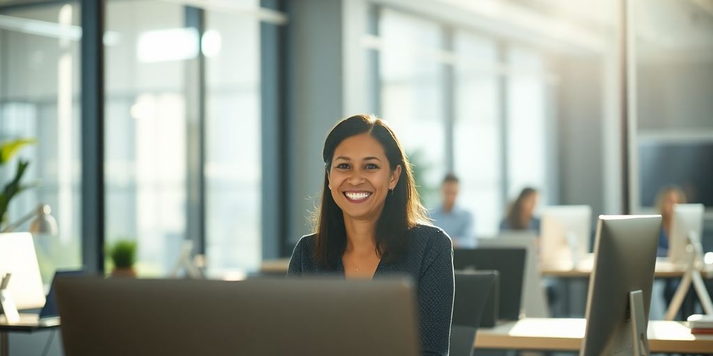 Person working in a bright office.