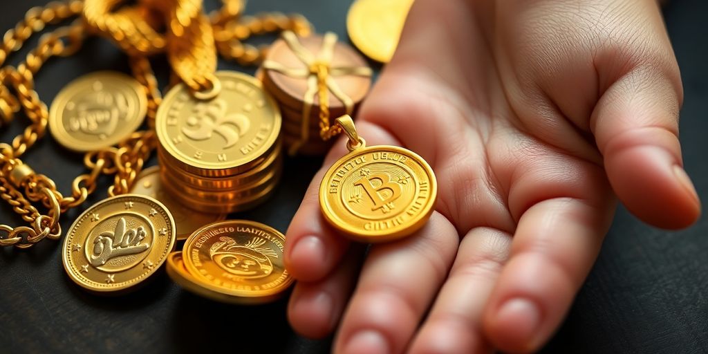 Don d'or à un mineur avec des pièces et bijoux.