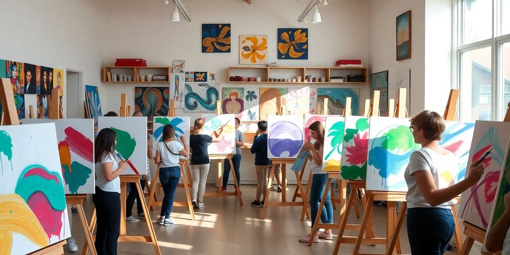 Students painting at easels in a bright studio.