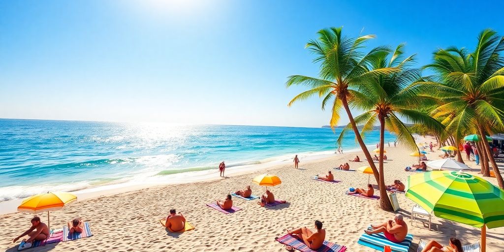 Strand mit Sonnenschein und entspannten Urlaubern.