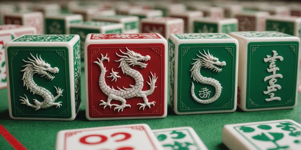 Image displaying Mahjong Honour Tiles: Red Dragon, Green Dragon, White Dragon, East Wind, South Wind, West Wind, North Wind.