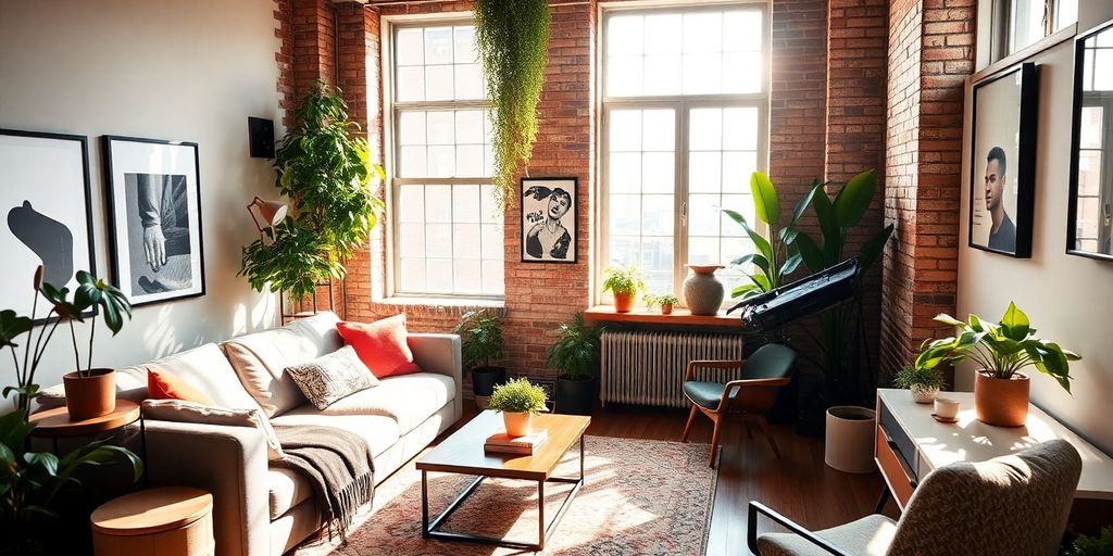 Cozy New York apartment with modern furnishings and plants.