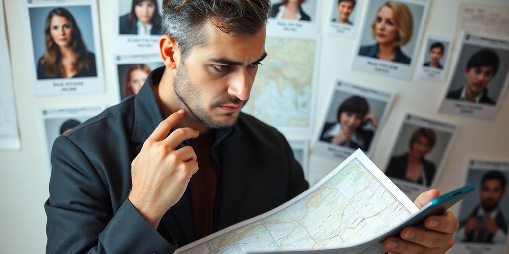 Private investigator analyzing evidence with technology and photographs.