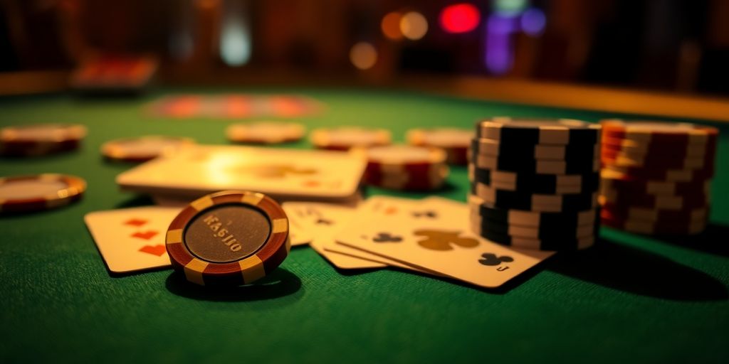 Poker chip and cards on a casino table.