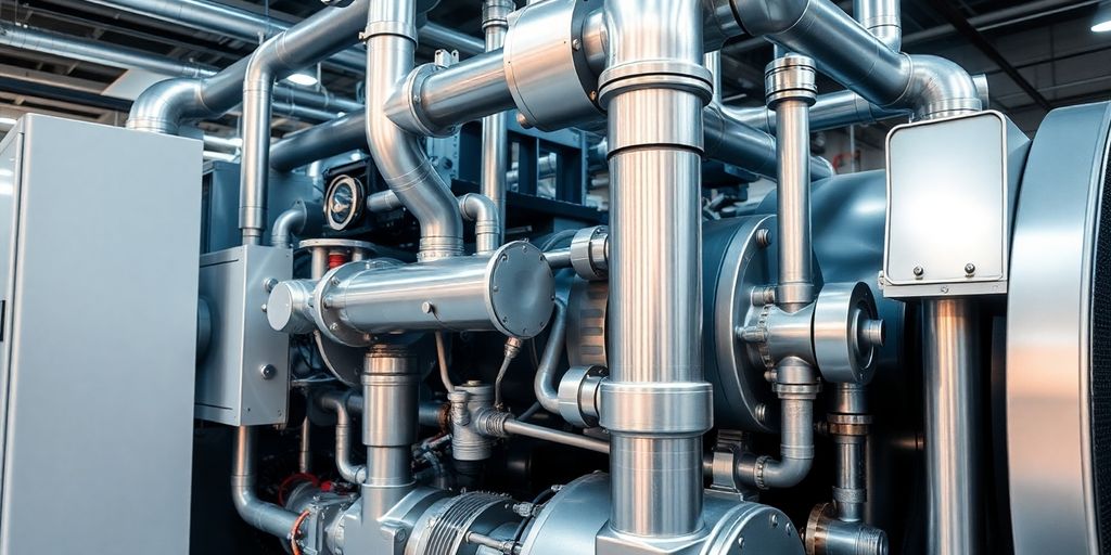 Industrial compressor unit with gleaming pipes.