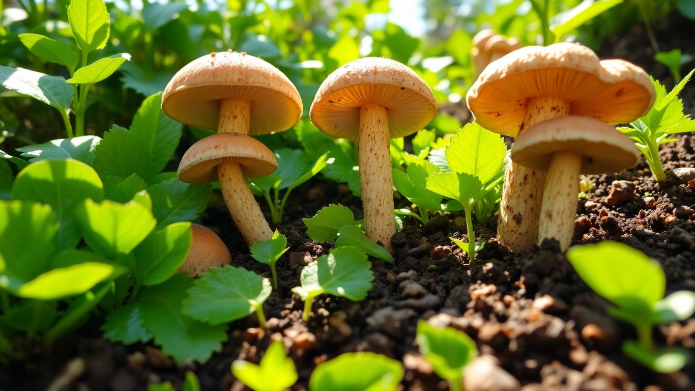 Beginner mushroom garden with lush foliage and earthy mushrooms.