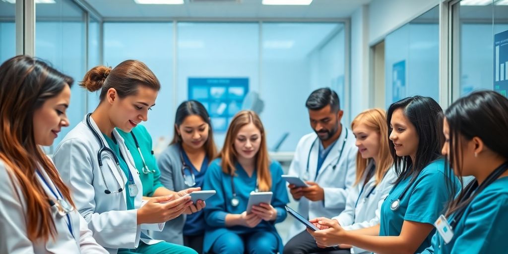 Healthcare professionals using digital devices in a clinic.