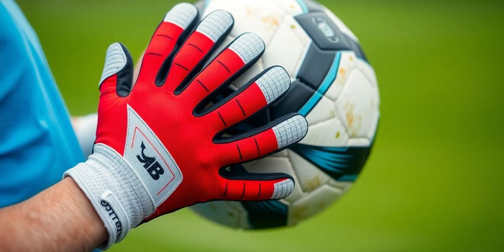 Soccer goalie's gloved hands catching a ball.
