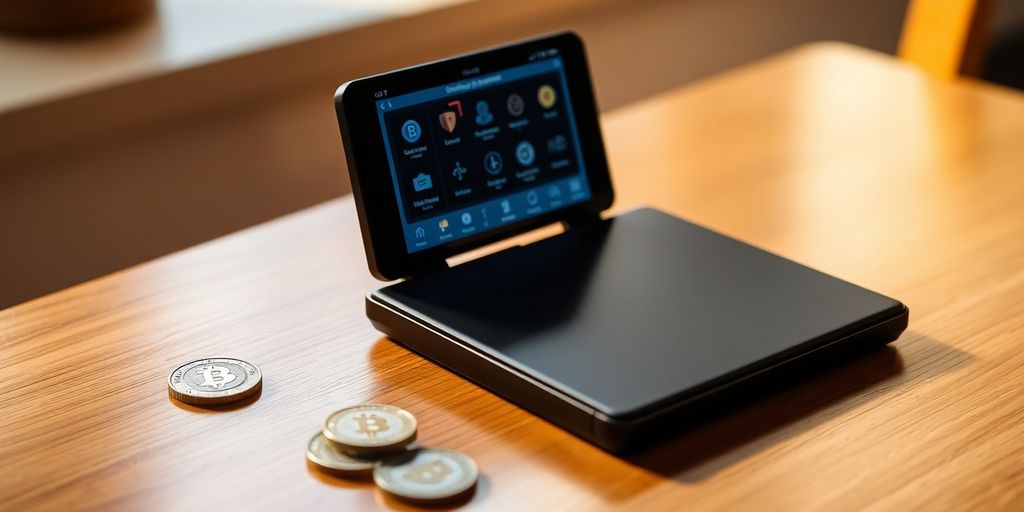 SafePal S1 wallet on a wooden table with coins.