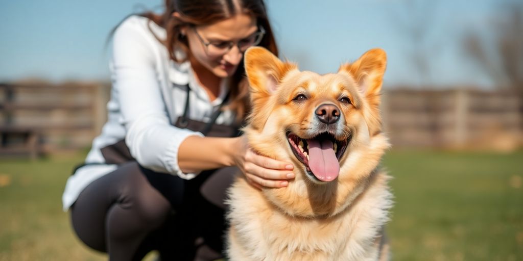 Experienced dog behaviourist interacting positively with a calm dog.