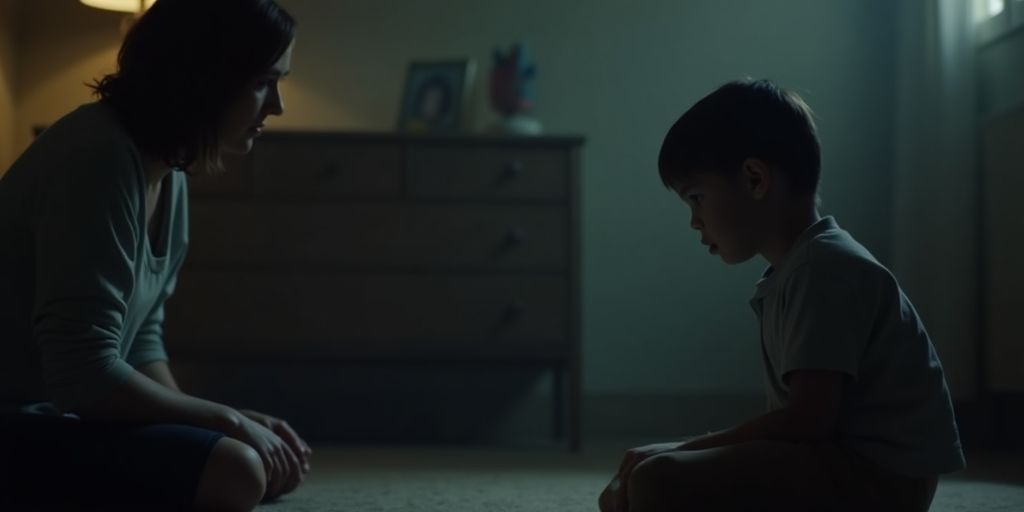 Parent looking worried at their child in a dim room.