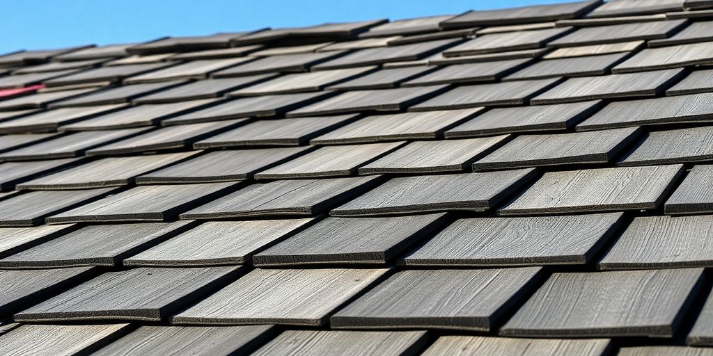 Close-up of textured wooden shake roof shingles.