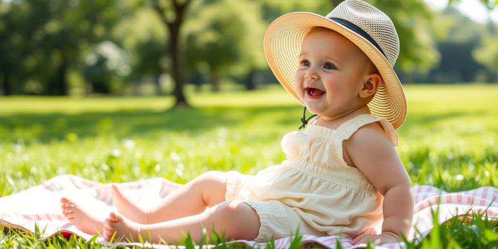Baby in summer outfit with sun hat in park