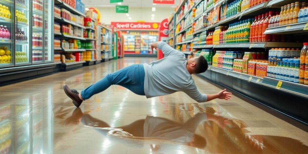 Person slipping on wet grocery store floor.