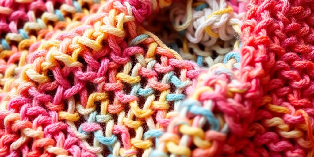 Crocheted and knitted fabric swatches of variegated yarn.