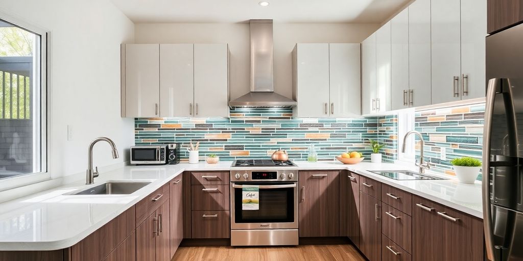 Modern kitchen remodel with sleek design elements and lighting.