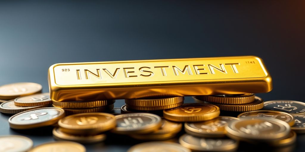 Barre d'or sur des pièces, symbole d'investissement.