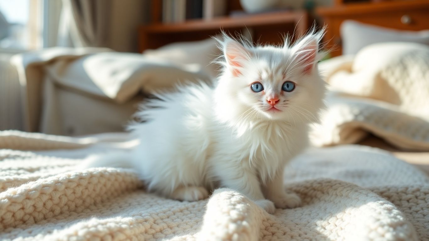 Turkish Angora kitten with white fur on cosy blanket