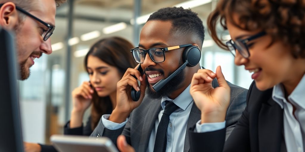 Business professionals talking on phones.