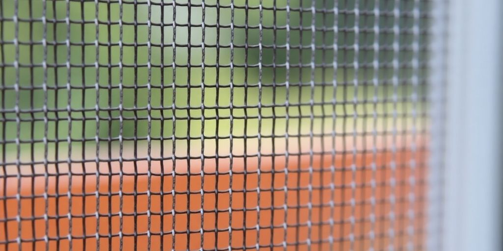 Close-up of window screen mesh with fine holes.