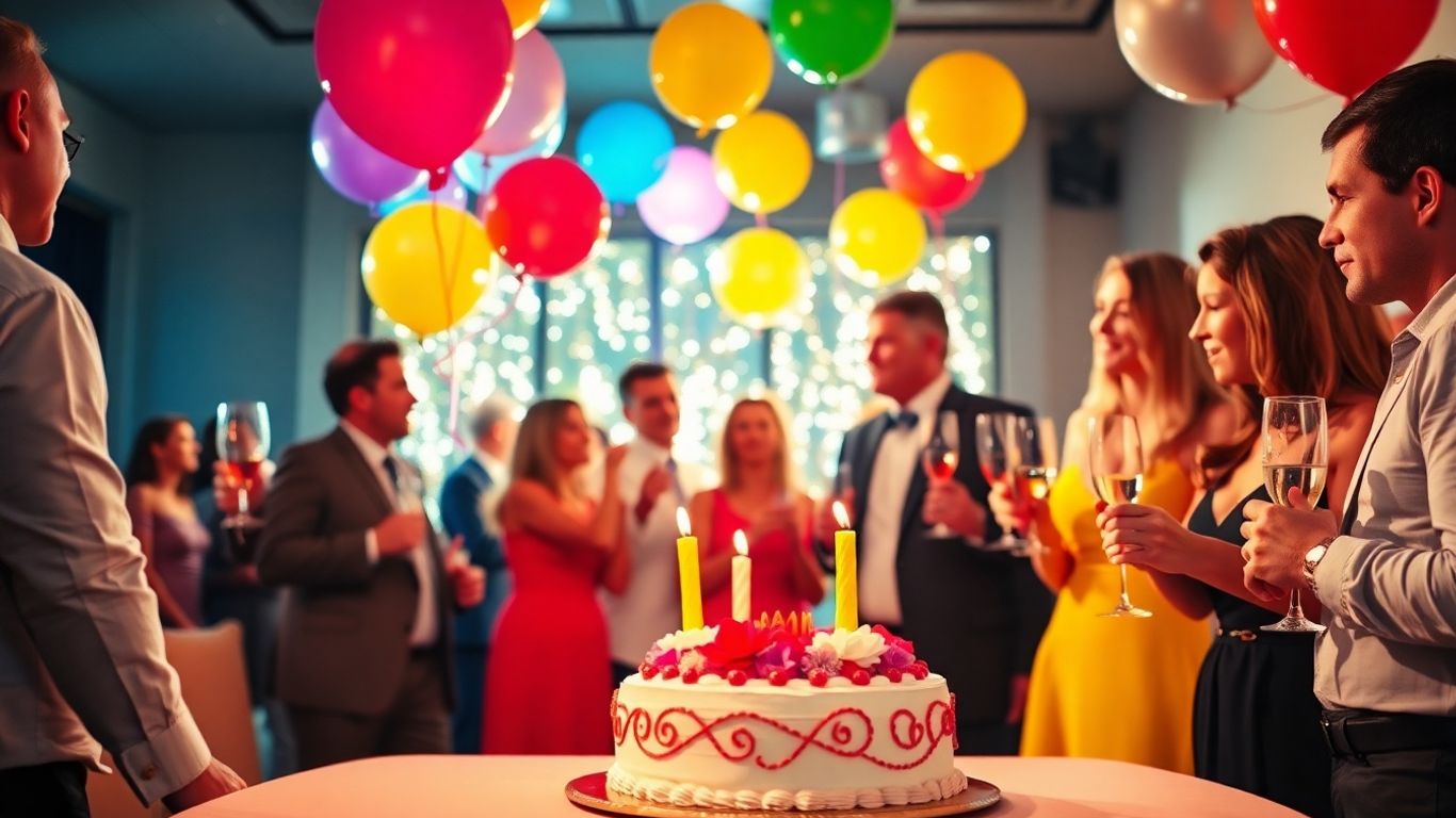 Adult birthday party with champagne, cake, and balloons.