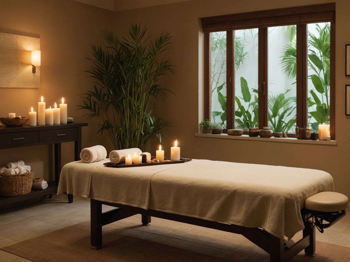 Serene spa room with massage table and calming decor.