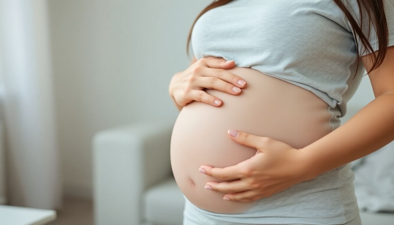 Pregnant woman with hands on belly, smiling.