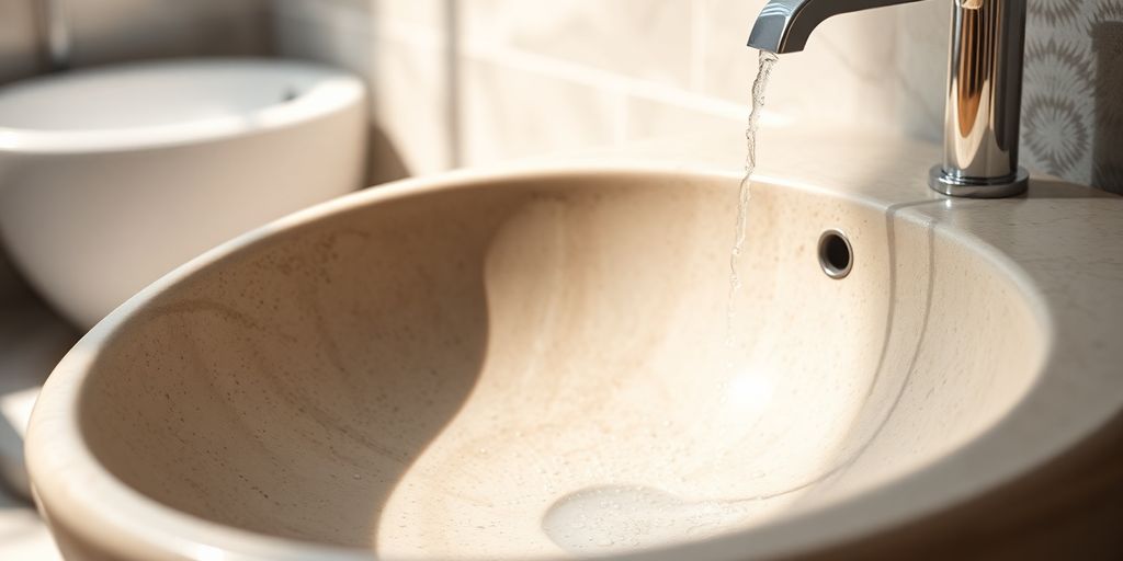 Natural stone bathroom washbasin, light reflecting, elegant.