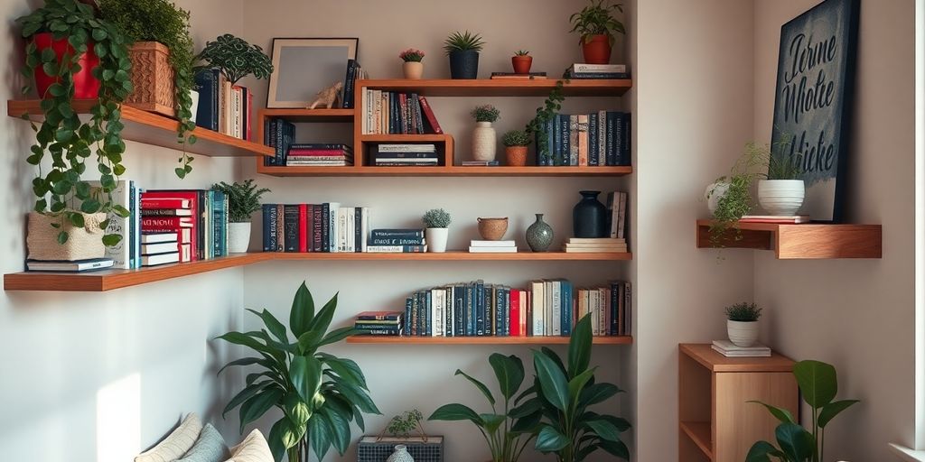 Corner shelves in a small house filled with decor.