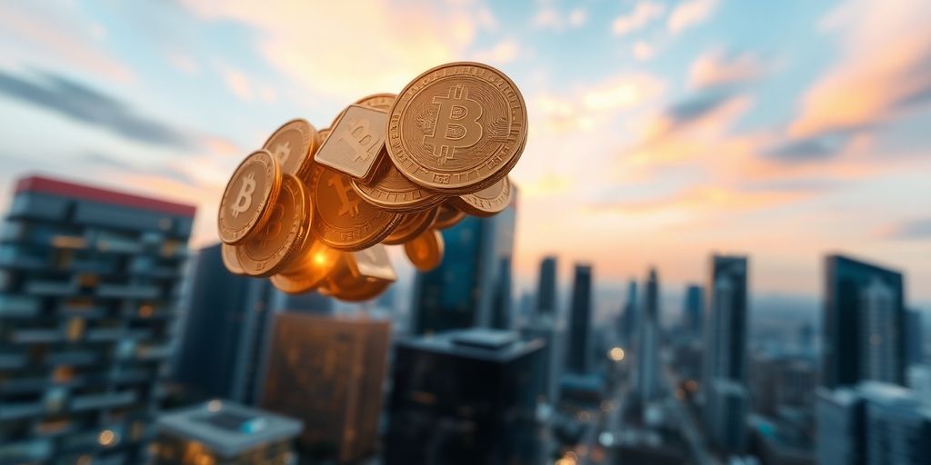 Digital coins soaring, golden glow, futuristic cityscape
