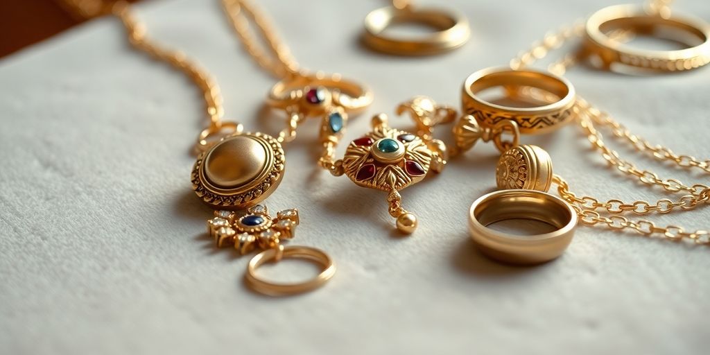 Bijoux en or sur un tissu en velours.