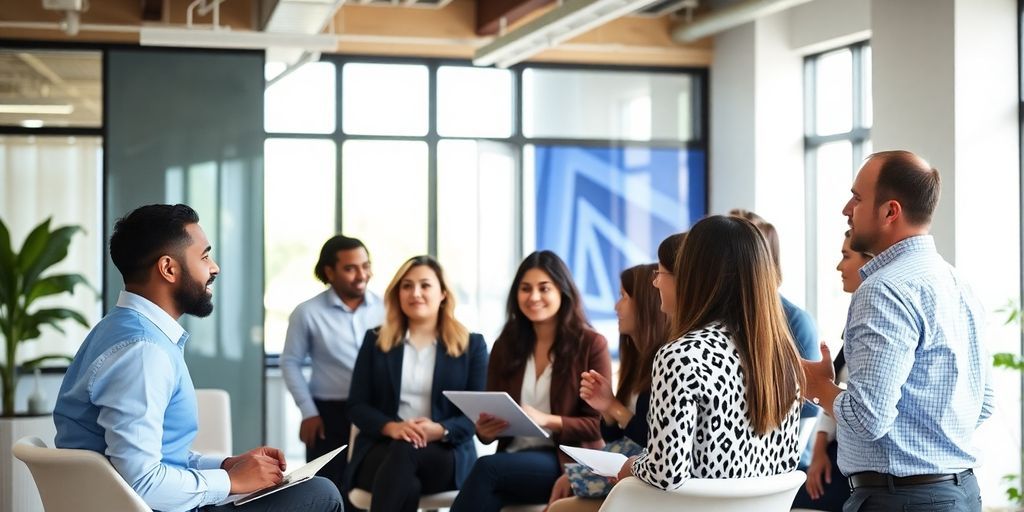 Professionals collaborating in a modern office environment.