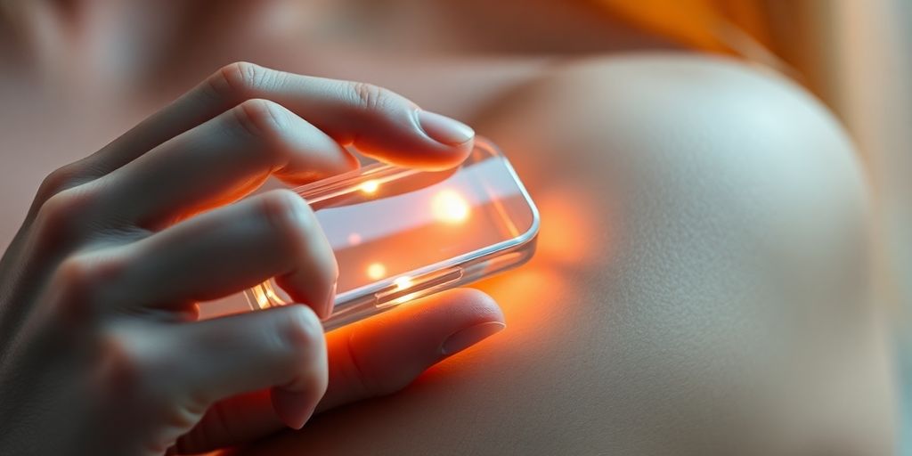 Sleek, futuristic, wearable tech against soft, illuminated skin.