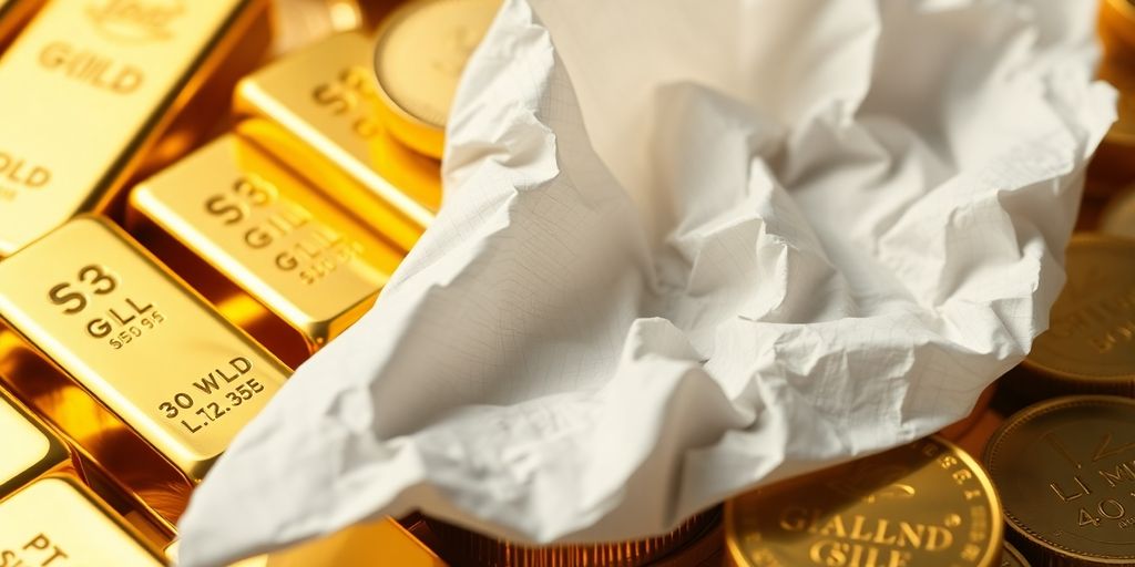 Lingots d'or et pièces d'or contrastant avec du papier froissé.