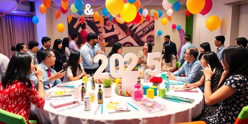 People celebrating with decorations and festive elements.