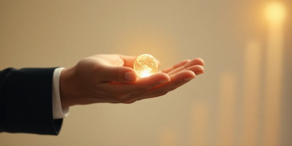 Person observing glowing financial growth in their hand.