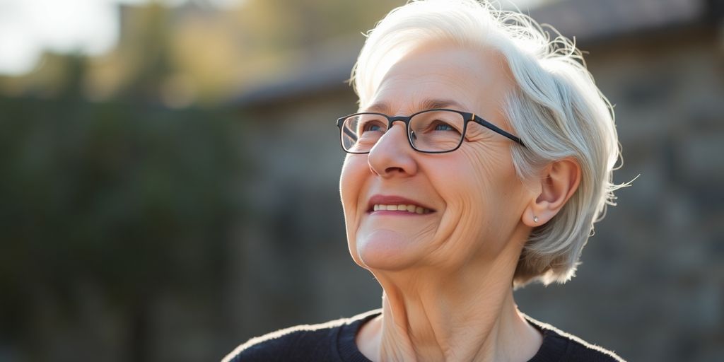 Une personne âgée souriante regardant vers l'horizon.