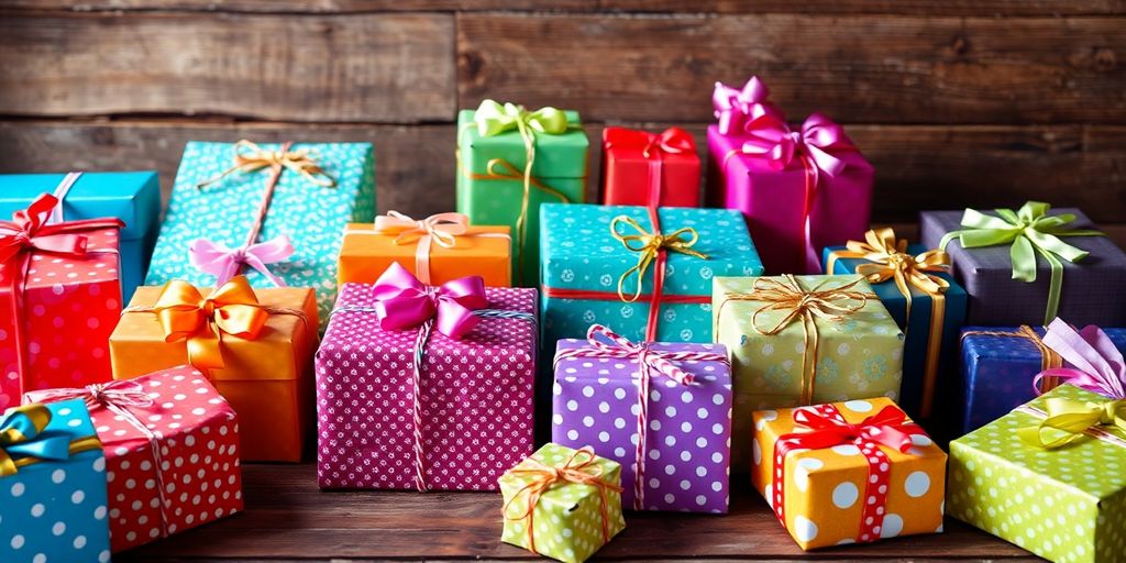 Colorful wrapped gifts on a wooden table.