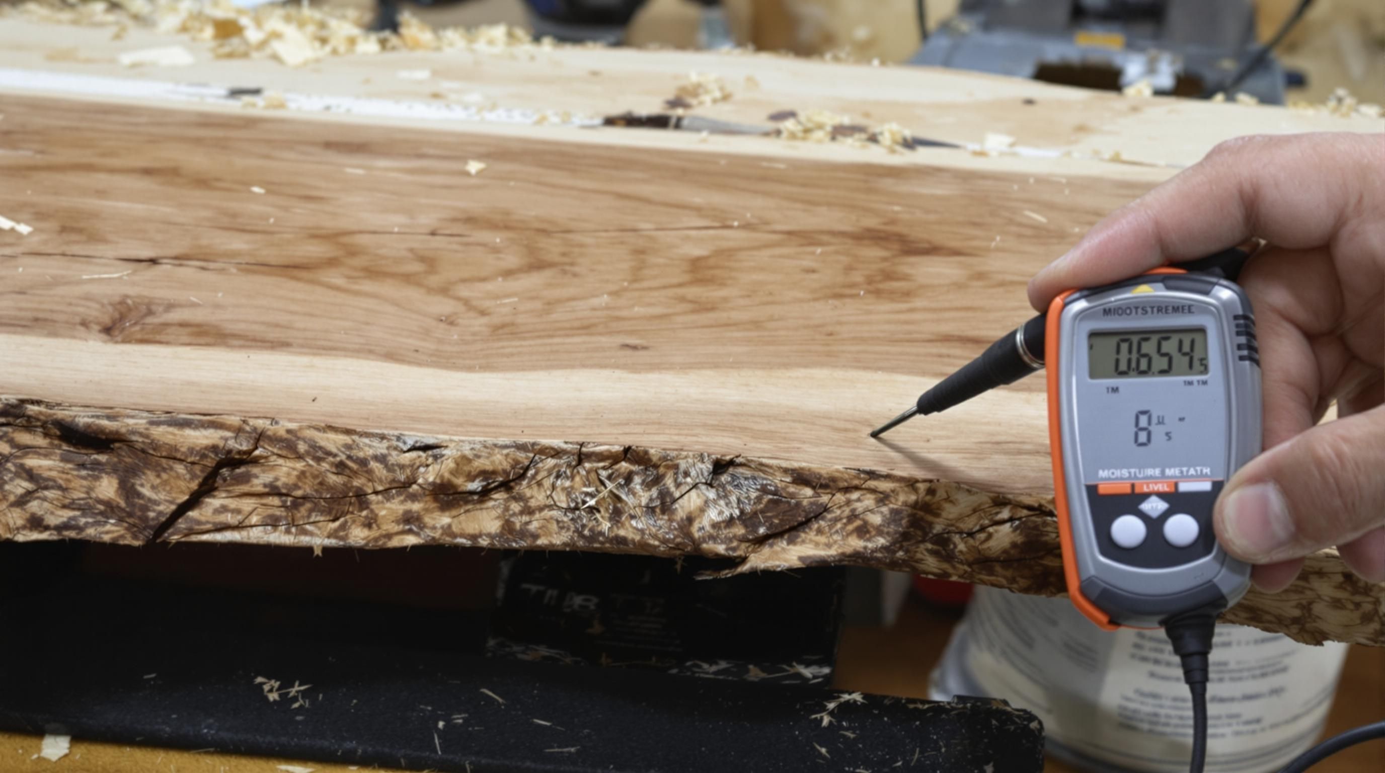 Moisture meter testing a live edge wood slab.