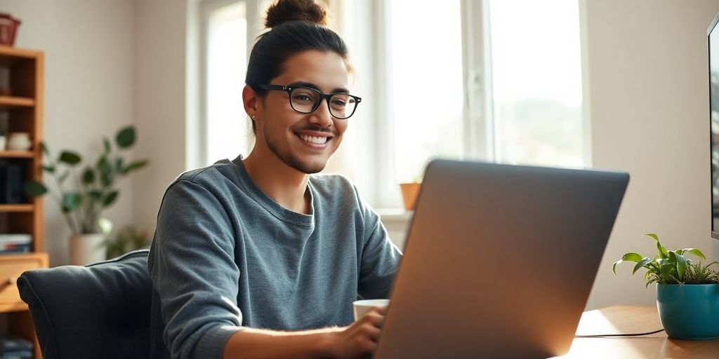 Person comfortably working on laptop at home
