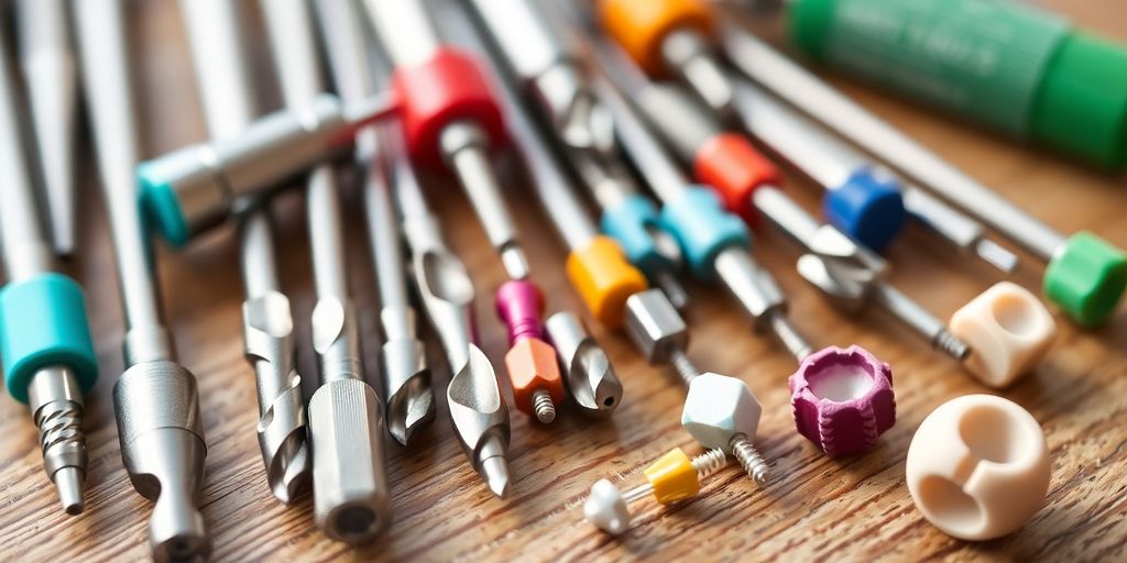 Various nail drill bits on a wooden surface.