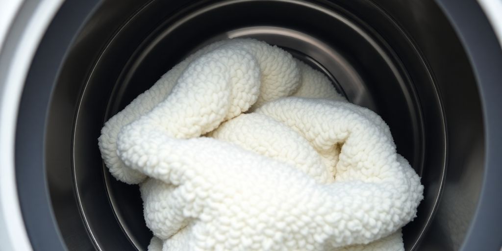 Nahaufnahme von weißem Sherpa-Fleece in einer Wäschetrommel