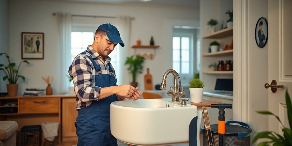 Plumber fixing a sink in a cozy home interior.
